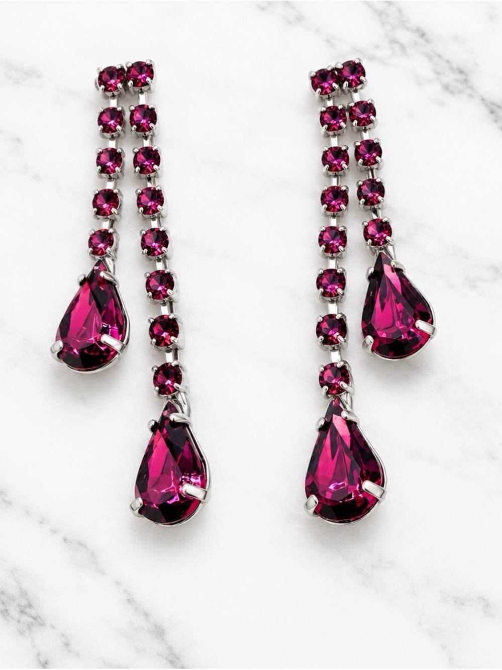 Silver Tone Dangle Earrings With Purple Teardrop Rhinestones